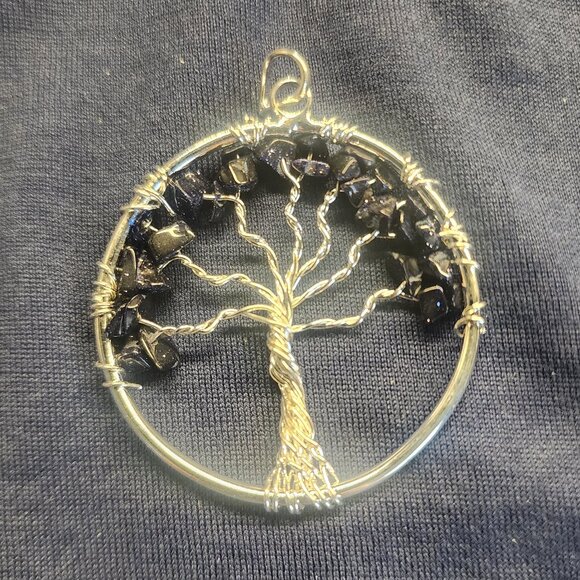 silevr tone wire and genuine gemstone Tree of Life Pendant - 1.5 inch Diameter - Picture 2 of 3